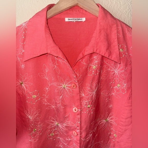 Vintage Ramie Linen Blend Embroidered Button Front Short Sleeve Blouse Shirt L - Picture 4 of 9